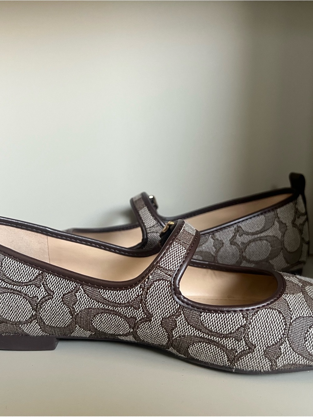 Coach Brown Signature Canvas Mary Jane Flats with Gold Buckle - Picture 2 of 9